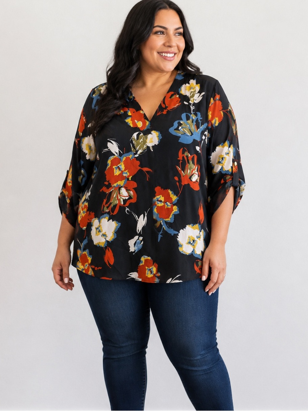 Floral & Ivy Summer Tunic Blouse Pull Tab Sleeves V-Neck 3X Moody Artsy Parisian